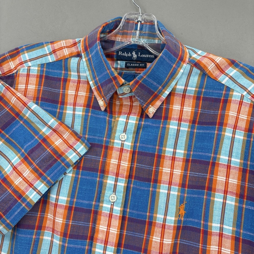 Ralph Lauren Shirt Mens Medium Blue Orange Plaid Short Sleeve Button Down Madras